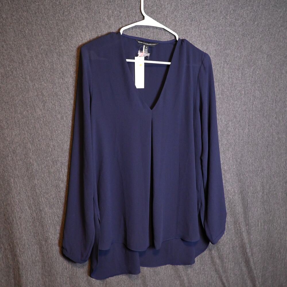 NEW White House Black Market Women's 6 Gracie Pleat Blouse Navy Top NWT
